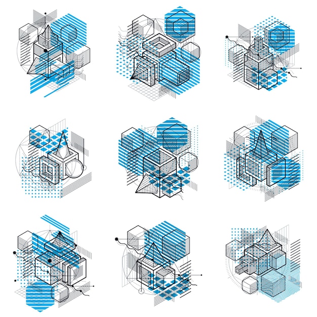 Diseños abstractos con formas y figuras de malla lineal 3d, fondos isométricos vectoriales. Cubos, hexágonos, cuadrados, rectángulos y diferentes elementos abstractos. colección de vectores.