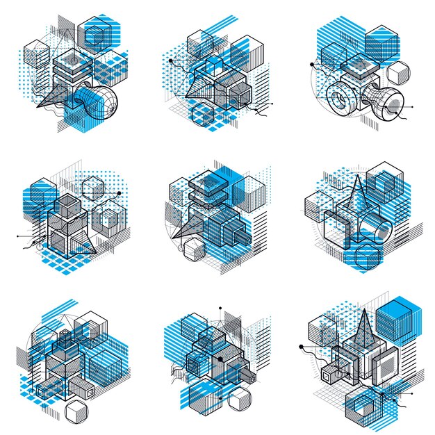 Diseños abstractos con formas y figuras de malla lineal 3d, fondos isométricos vectoriales. Cubos, hexágonos, cuadrados, rectángulos y diferentes elementos abstractos. colección de vectores.