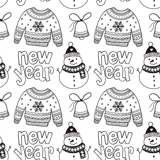 Diseños acogedores de invierno con suéteres festivos, muñecos de nieve y campanas navideñas en un patrón alegre