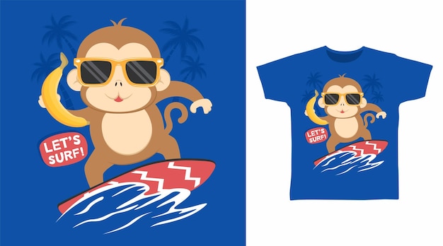 Diseños de arte de camiseta de dibujos animados de surf de mono