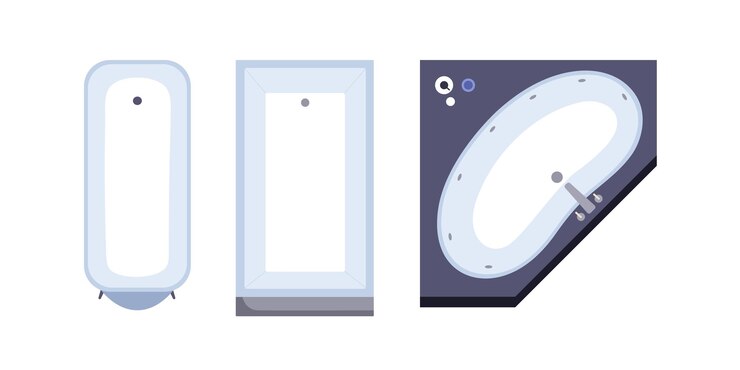 Vector diseños de bañeras vista superior bañera de esquina rectángulo bañera superior diferentes muebles de baño de baño desde arriba instalación sanitaria moderna ilustraciones vectoriales planas aisladas sobre fondo blanco