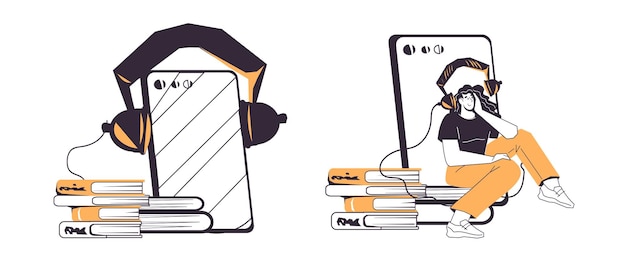 Diseños de banners o portadas para audiolibros aplicación aplicación móvil colección en línea de contenido de audio y música ilustración vectorial plana aislada en un blanco