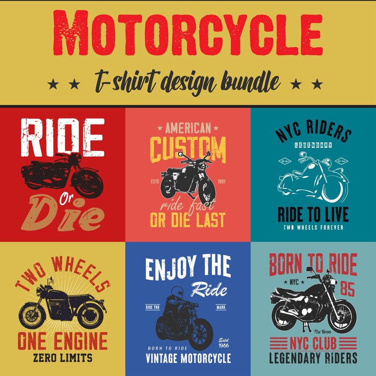 Diseños de camisetas de motocicletas vintage Vector Bundle Old Classic Motocicletas personalizadas camisetas coloridas impresiones gráficas plantilla de cartel otro fondo negro