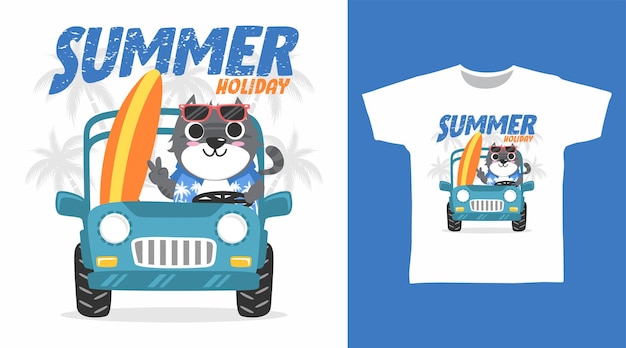 Vector diseños de camisetas y prendas de vestir de dibujos animados de gatos de verano