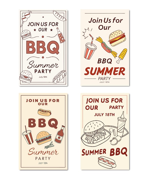 Diseños de carteles de barbacoa de verano ilustrados a mano