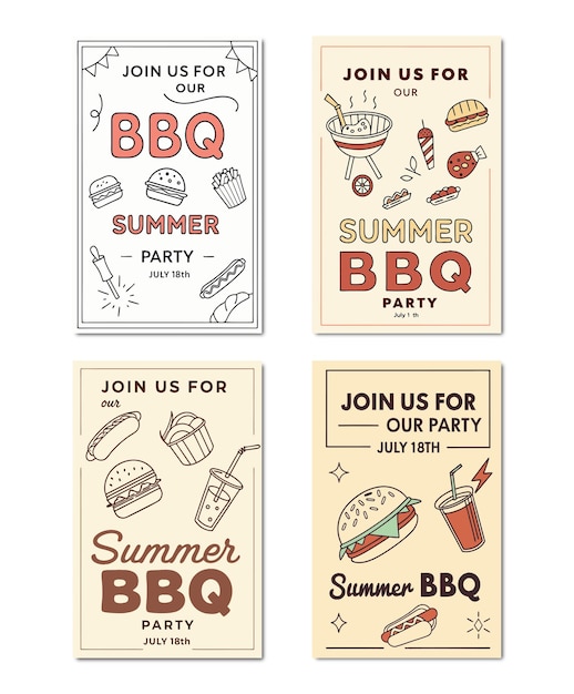 Diseños de carteles de barbacoa de verano ilustrados a mano