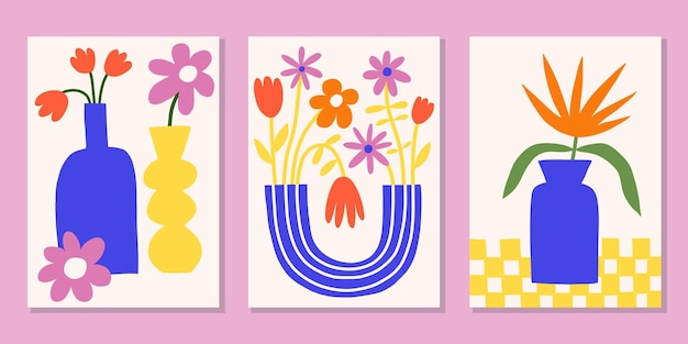 Diseños de carteles florales recortados Impresiones vectoriales de verano brillantes conjunto Ilustración moderna de flores en jarrón