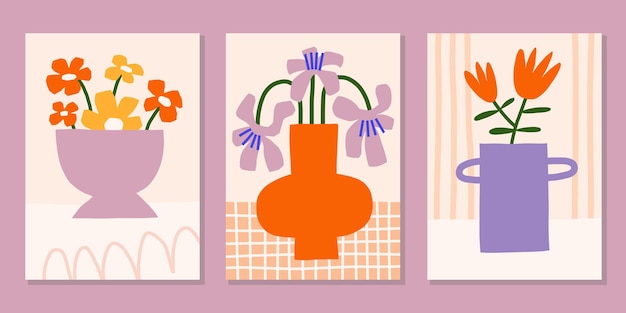 Diseños de carteles florales recortados Impresiones vectoriales de verano brillantes conjunto Ilustración moderna de flores en jarrón