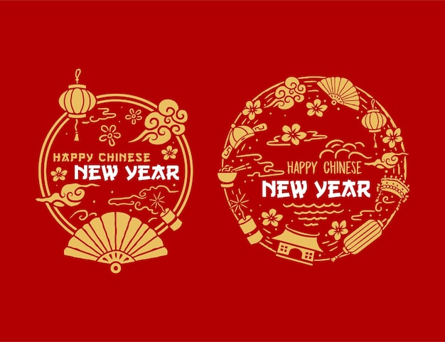 Diseños de círculo de año nuevo chino, estilo de línea dibujada a mano con color digital,
