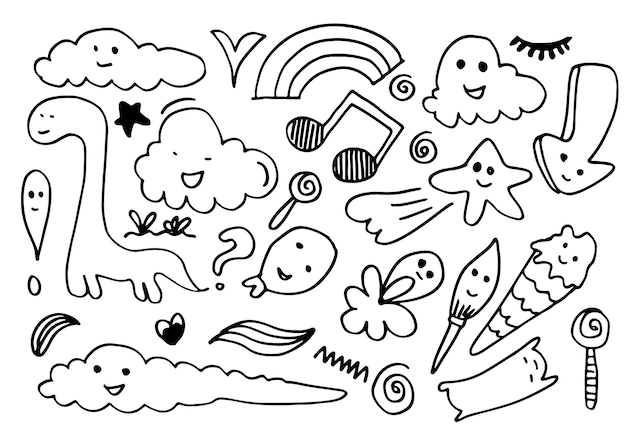 Vector diseños de dibujos animados de garabatos kawaii dibujados a mano para pegatinas de papel tapiz para colorear libros.