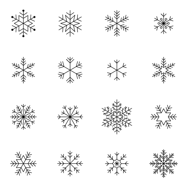 Diseños de diseño de patrones de copos de nieve, variaciones de iconos congelados de invierno, patrón de feliz Navidad