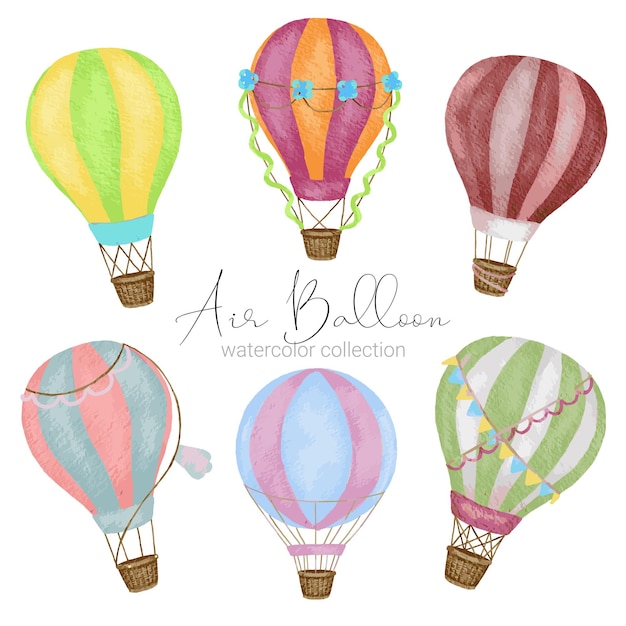 Diseños de globos aerostáticos en varios estilos de acuarela para que los diseñadores gráficos los utilicen en sitios web, tarjetas de invitación, bodas, felicitaciones, cumpleaños, celebraciones, impresión de telas y publicaciones.