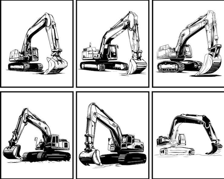 Diseños ilustrados de excavadoras en blanco y negro BundleExcavator Bundleblack y excavadora blanca