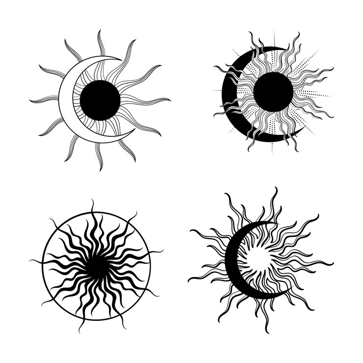 Vector diseños intrincados de símbolos del sol y la luna en representación artística en blanco y negro