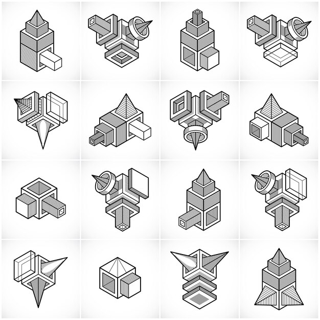 Diseños isométricos de construcción abstracta, conjunto de vectores.