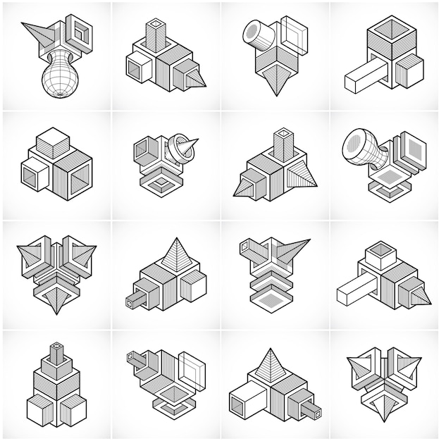 Diseños isométricos de construcción abstracta, conjunto de vectores.