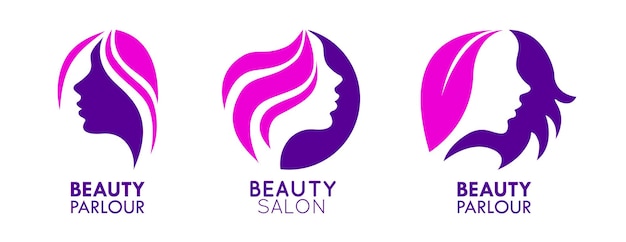 Diseños de logotipo de cabello ondulado de salón de belleza plantilla de marca femenina rosa