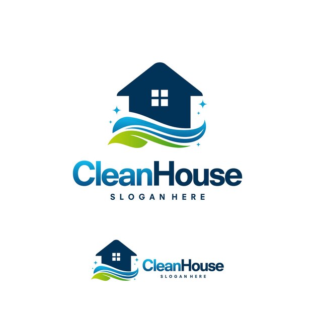 Diseños de logotipos de Clean House con hojas de naturaleza, vector de logotipos de servicio de limpieza