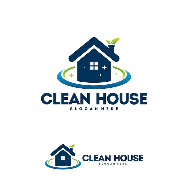 Diseños de logotipos de Clean House con hojas de naturaleza, vector de logotipos de servicio de limpieza