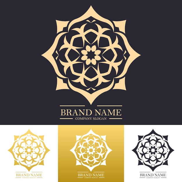 Diseños de logotipos florales redondos de oro de lujo simple con concepto de mandala lineal o líneas de moda