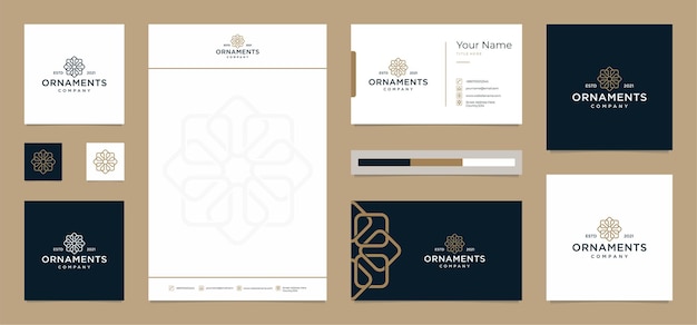 Diseños de logotipos de ornamentos con membretes y tarjetas de presentación gratis