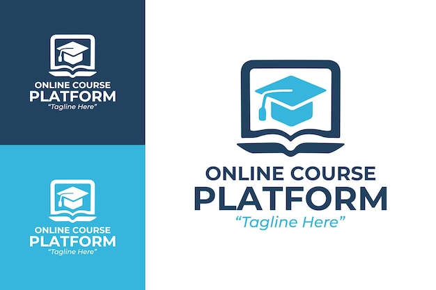 Diseños de logotipos de plataformas de cursos en línea creativos y profesionales en azul y blanco
