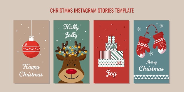 Diseños navideños planos para ciervos de instagram con una guirnalda en los regalos de cuerdas de astas y un juguete de bola de navidad