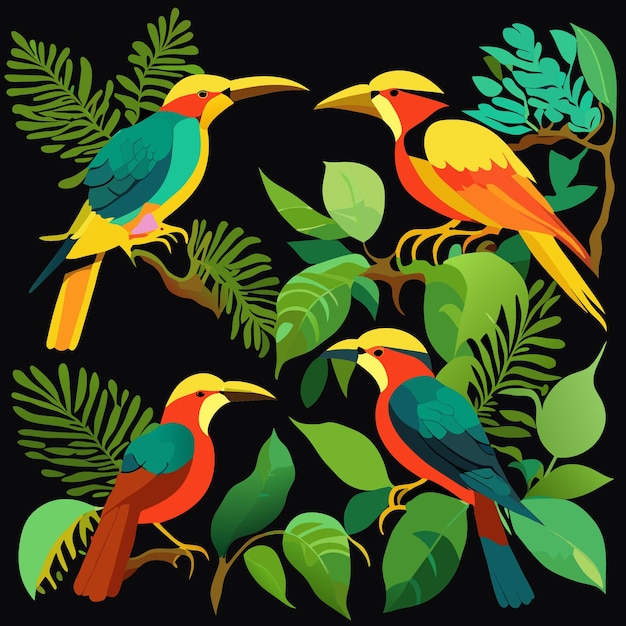 Vector diseños planos de aves de la selva tropical