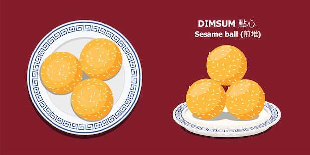 Diseños planos de bola de sésamo frito menú chino dimsum jiandui en la vista superior de la placa tradicional