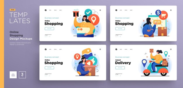 Diseños de plantillas de sitios web Compras en línea y conceptos de entrega Vector