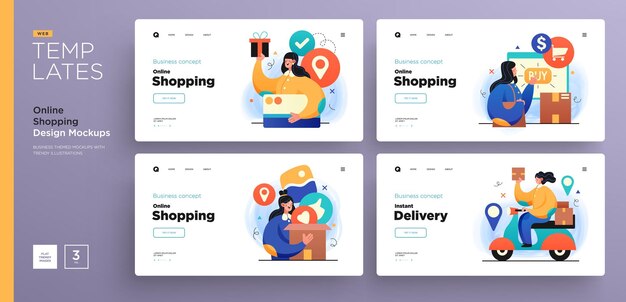 Diseños de plantillas de sitios web compras en línea y conceptos de entrega vector
