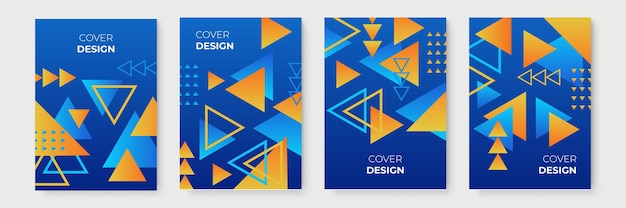 Diseños de portada geométrica degradada abstracta azul y naranja, plantillas de folletos de moda, carteles futuristas coloridos. Ilustración vectorial