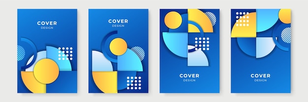 Diseños de portada geométrica degradada abstracta, plantillas de folletos de moda, carteles futuristas coloridos. Ilustración vectorial. Color degradado amarillo azul