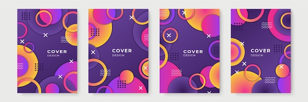 Diseños de portada geométrica degradada abstracta, plantillas de folletos de moda, carteles futuristas coloridos. Ilustración vectorial. Muestras globales