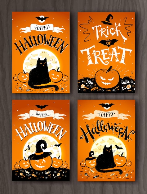 Diseños de postales happy halloween y trick or treat con letras dibujadas a mano