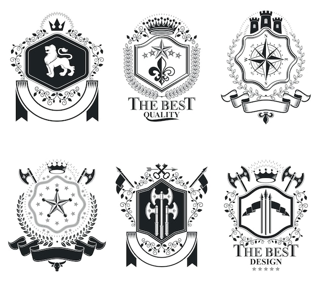 Diseños de premios antiguos, escudo de armas heráldico antiguo. Emblemas vectoriales. Colección de elementos de diseño vintage.
