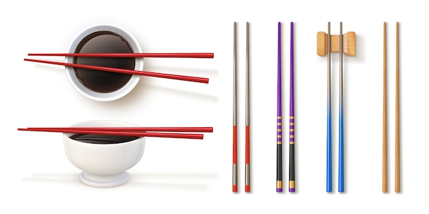 Diseños realistas de palillos y tazón con salsa de soja Utensilios tradicionales de bambú japoneses Palillos para sushi y conjunto de vectores de comida asiática Utensilios de bambú con diferentes diseños para comer fideos