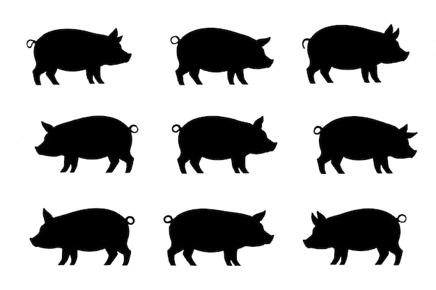 Diseños sencillos de cerdos de silueta negra para varios usos