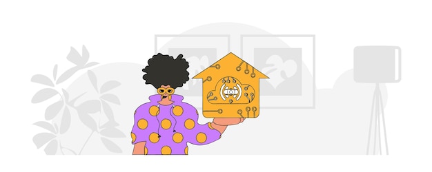 diseñoUna persona sentada en el suelo con un moderno logotipo vectorial de IoT en la mano.