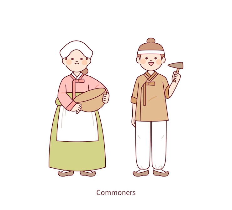 Vector disfraces de joseon, un antiguo país en corea los personajes femeninos y masculinos más comunes describen una ilustración vectorial simple