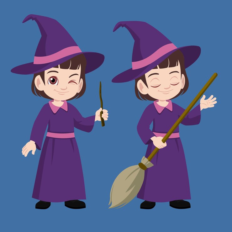 El disfraz de bruja de una niña linda que va a una fiesta de Halloween con una escoba o una varita mágica