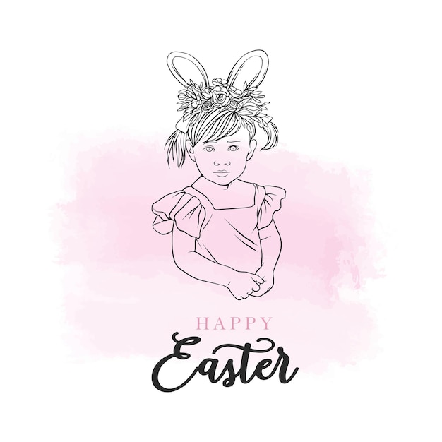 Disfraz de conejita de niñas dibujadas a mano para el día de pascua en estilo de arte lineal