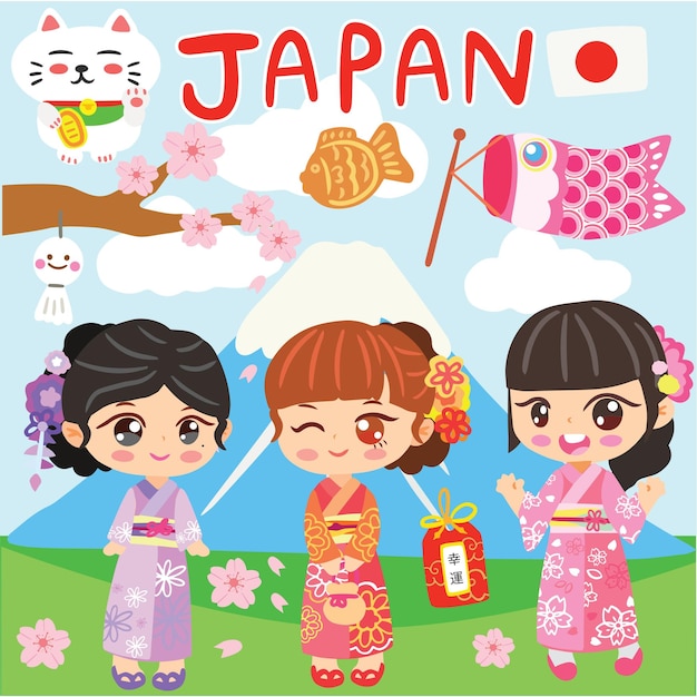 El disfraz de la cultura japonesa Los niños japoneses son un conjunto de vectores lindos