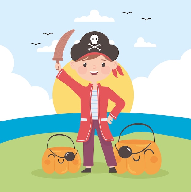 disfraz de pirata de niño de halloween y calabazas