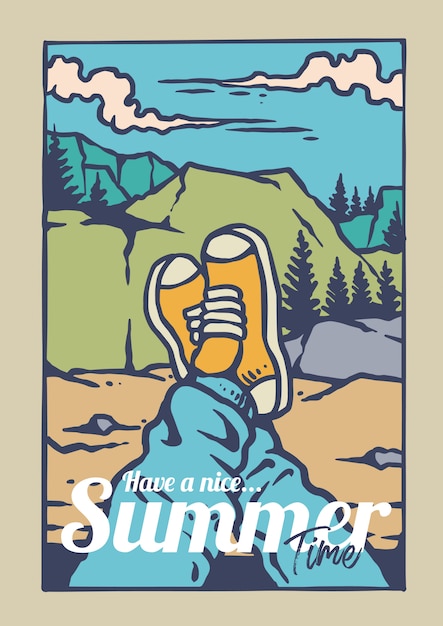 Vector disfruta de la aventura de verano en la montaña con zapatillas.