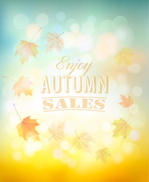 Disfruta del fondo de rebajas de otoño con hojas de colores. Vector.