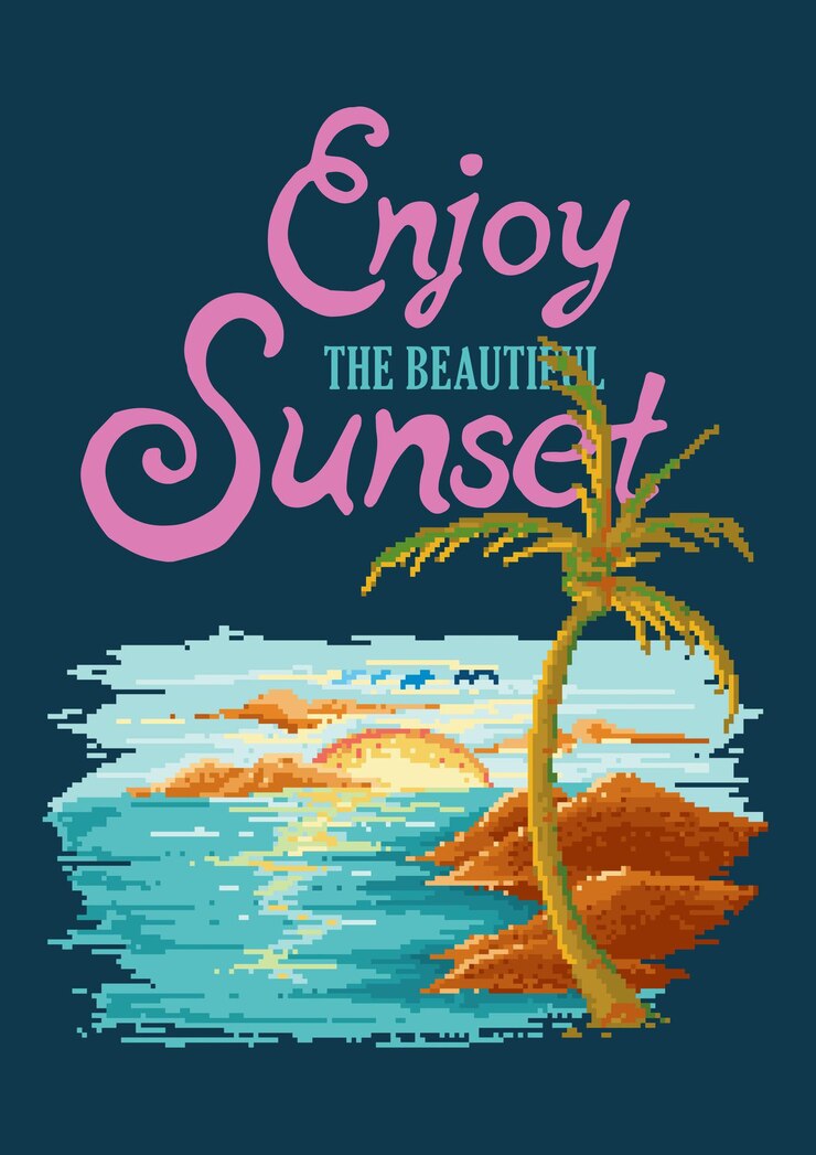 Disfruta de la hermosa puesta de sol en el videojuego retro pixel art de playa