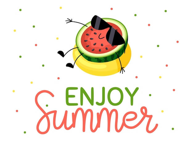 Disfruta de la plantilla de impresión de verano para el diseño de camisetas dibujos animados relajantes sandía playa descanso o vacaciones jugosas frutas vector niños personaje