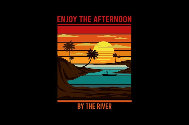 Vector disfruta de la tarde junto al río diseño de paisaje vintage retro