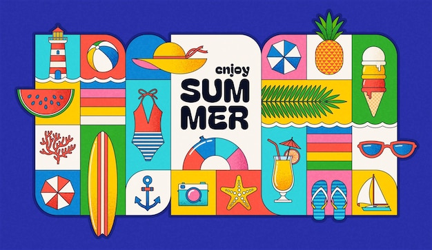 Disfruta del verano con coloridas ilustraciones vectoriales con vacaciones en la playa y elementos tropicales